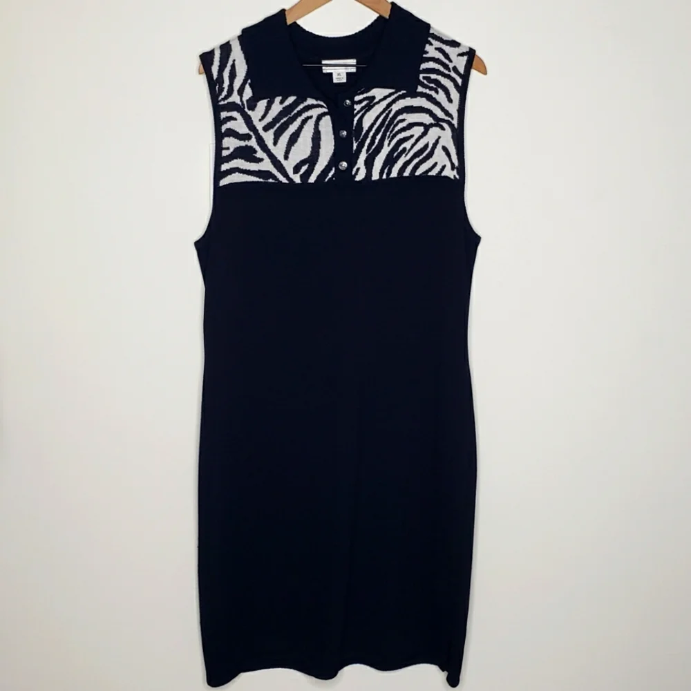 St. John Sport Dress Extra Large Knit Sleeveless Black White Zebra Collared Wool - Picture 1 of 15